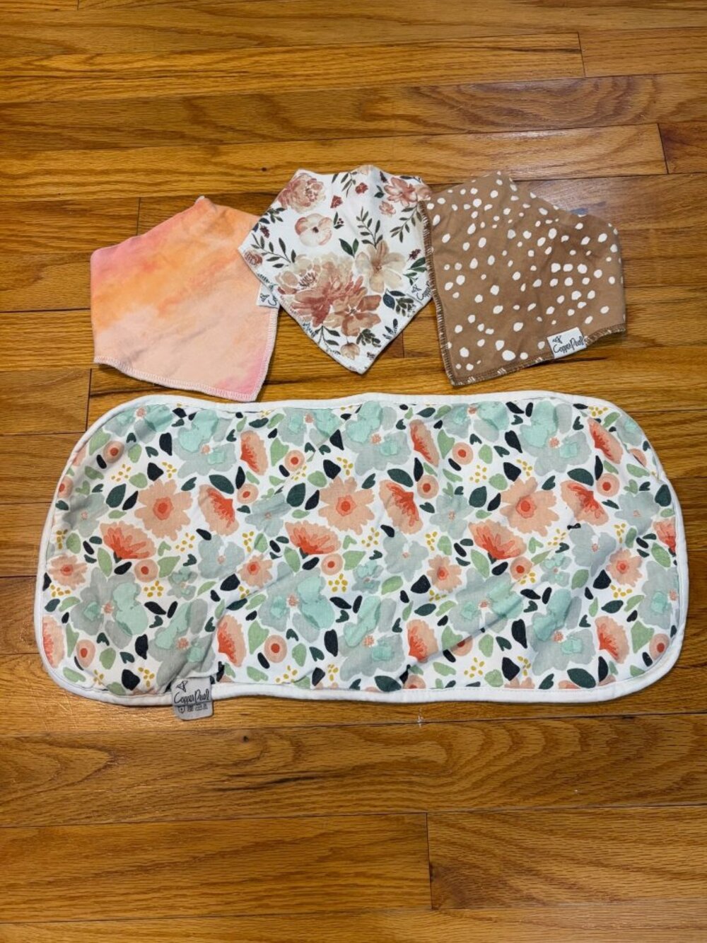 Copper Pearl Bibs and Burp Cloth, 4 Piece Lot